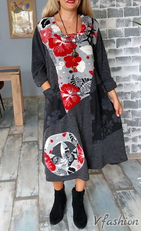 Арт рокля с вълнени акценти - сива