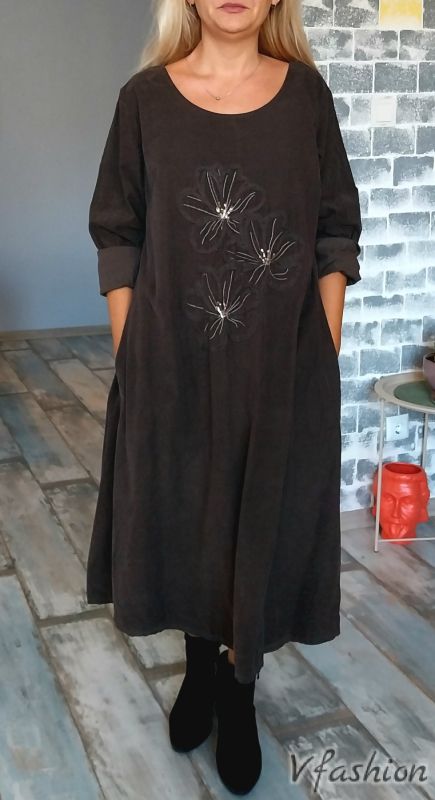 Джинсова рокля с цветя - кафява