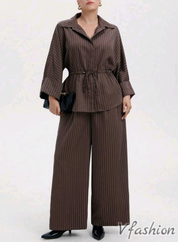 Комплект панталон и риза с връзка - кафяв