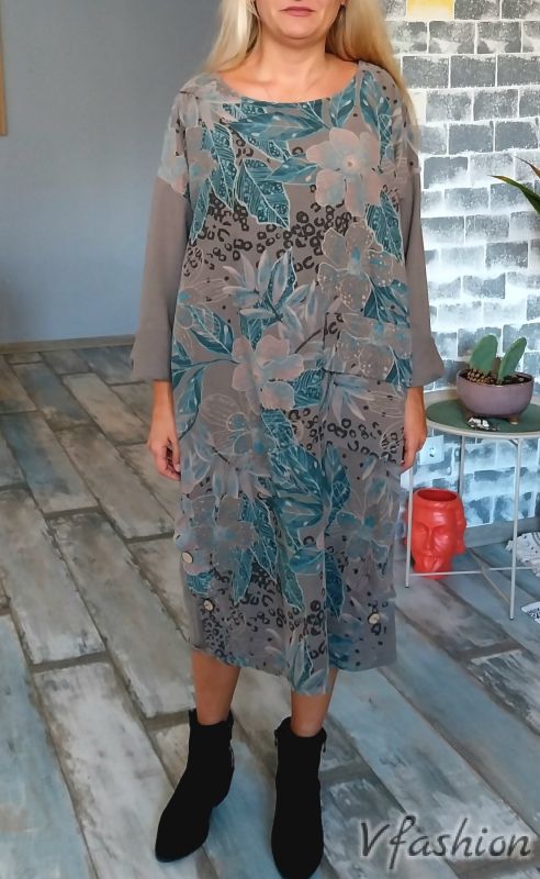 Джинсова рокля с цветен принт - кафява