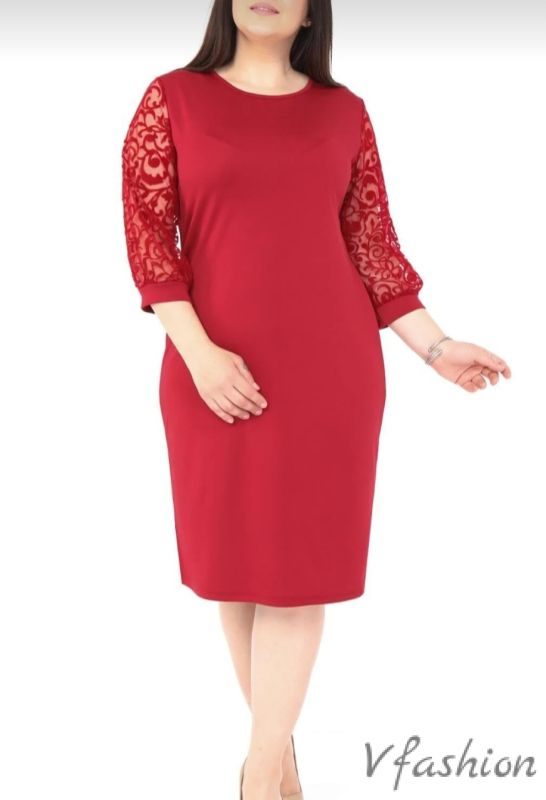 Права рокля с дантелени ръкави - червена