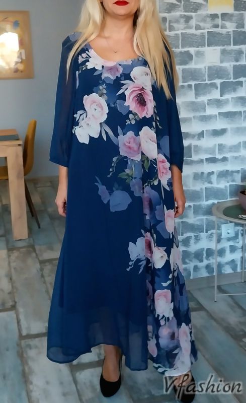 Шифонена рокля на цветя - синя