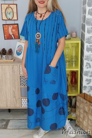Памучна рокля с джоб - кралско синя - 179269
