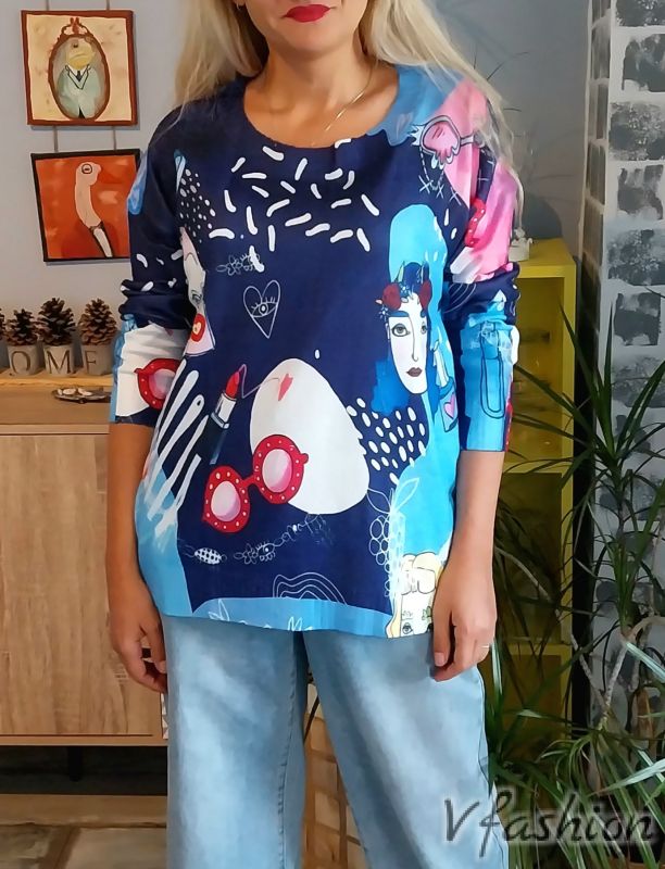 Пуловер фино плетиво с принт