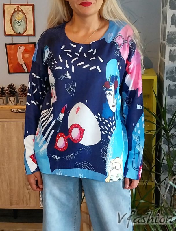 Пуловер фино плетиво с принт