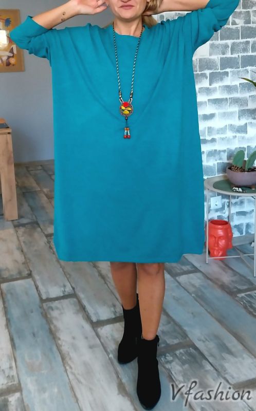 Широка рокля - фино плетиво - синя