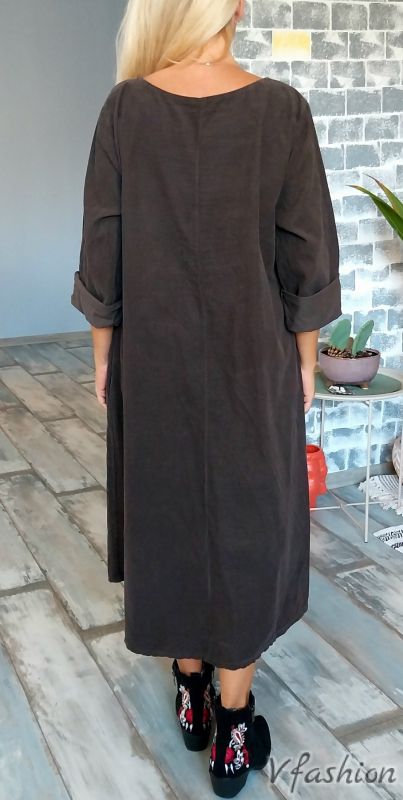 Джинсова рокля с цветя - кафява