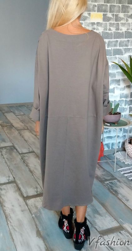 Джинсова рокля с цветен принт - кафява