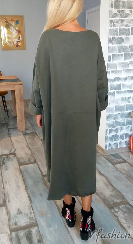 Джинсова рокля с цветен принт - зелена