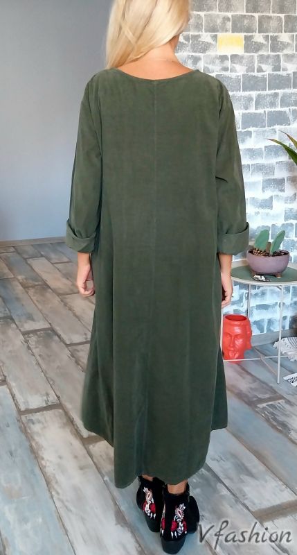 Джинсова рокля с апликация - зелена