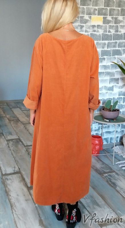 Джинсова рокля с апликация - оранжева