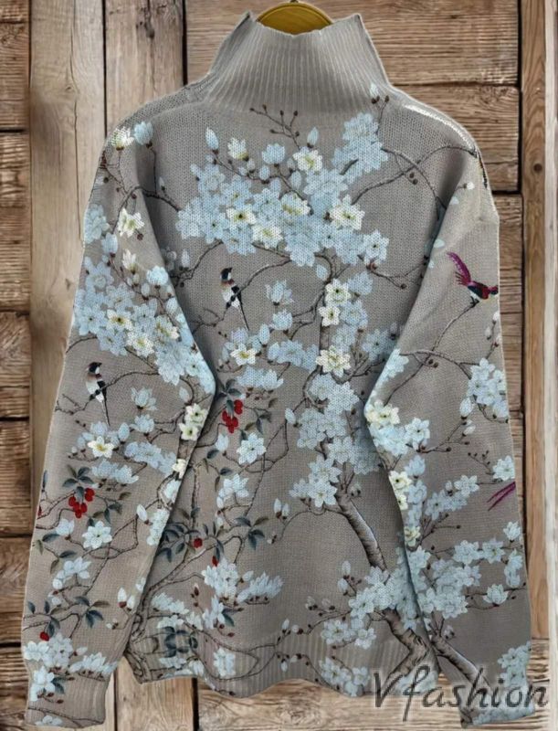 Пуловер с висока яка на цветя