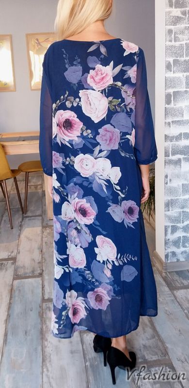 Шифонена рокля на цветя - синя