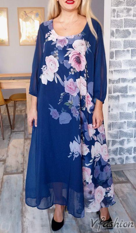 Шифонена рокля на цветя - синя