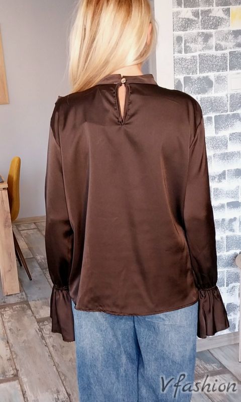Сатенена блуза с волани - кафява