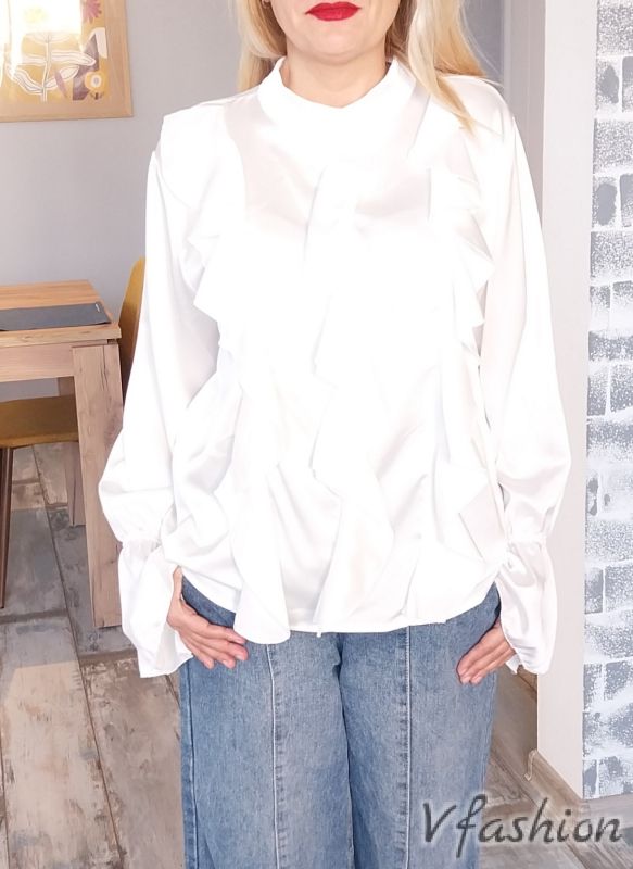 Сатенена блуза с волани - бяла
