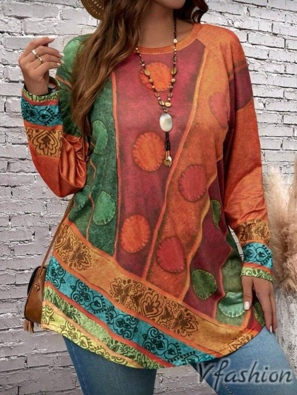 Блуза с етно принт - оранжева