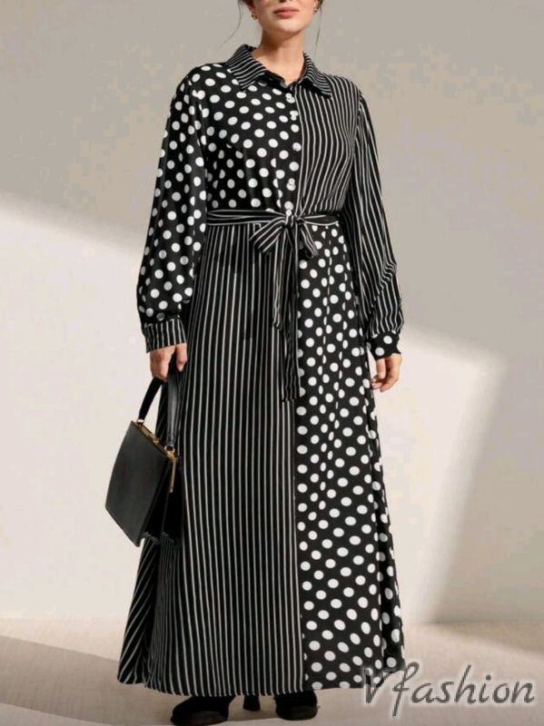 Дълга рокля-риза - точки и райета