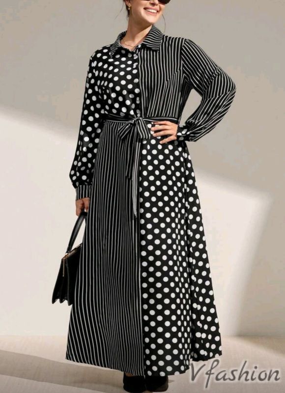 Дълга рокля-риза - точки и райета