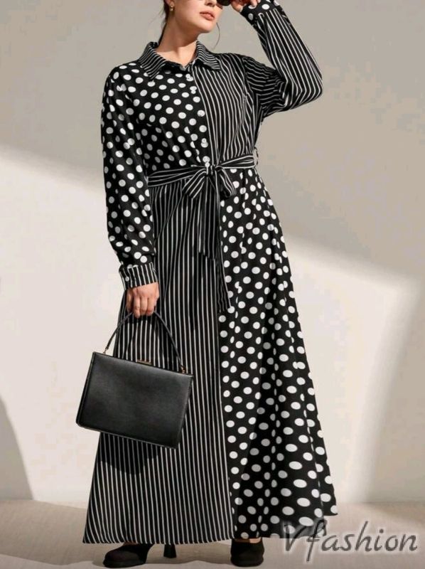 Дълга рокля-риза - точки и райета