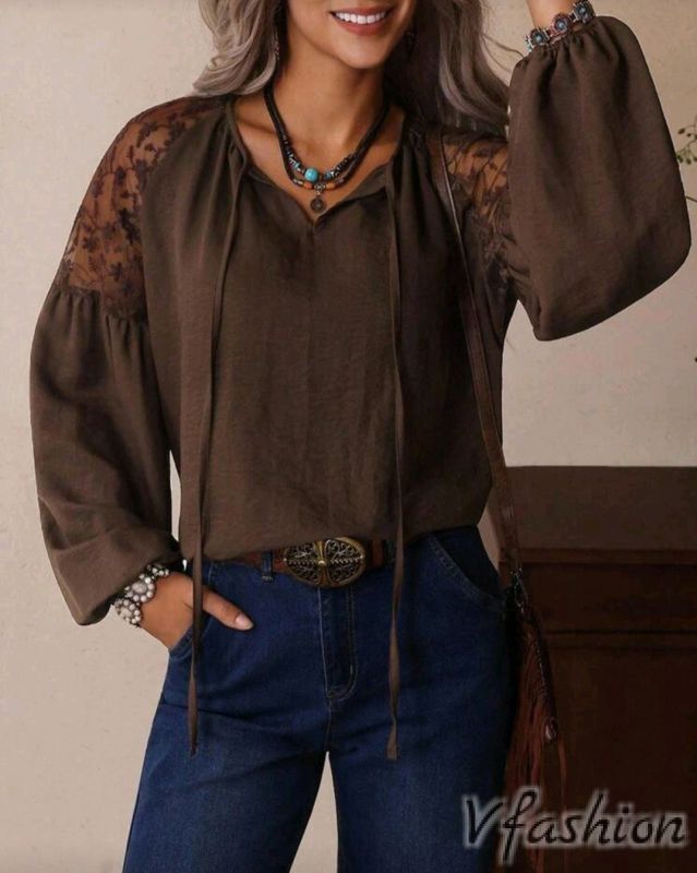 Риза с дантела - кафява