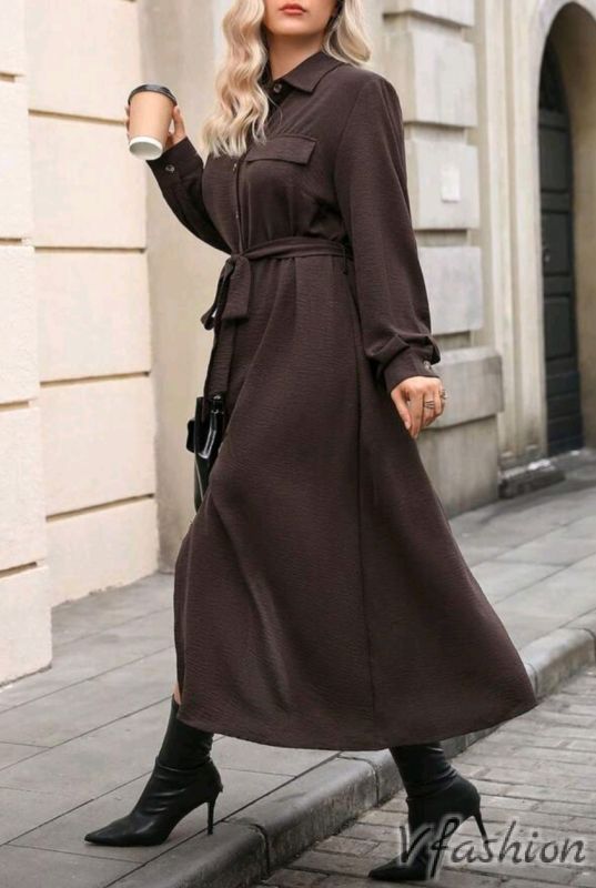 Рокля-риза с колан - кафява