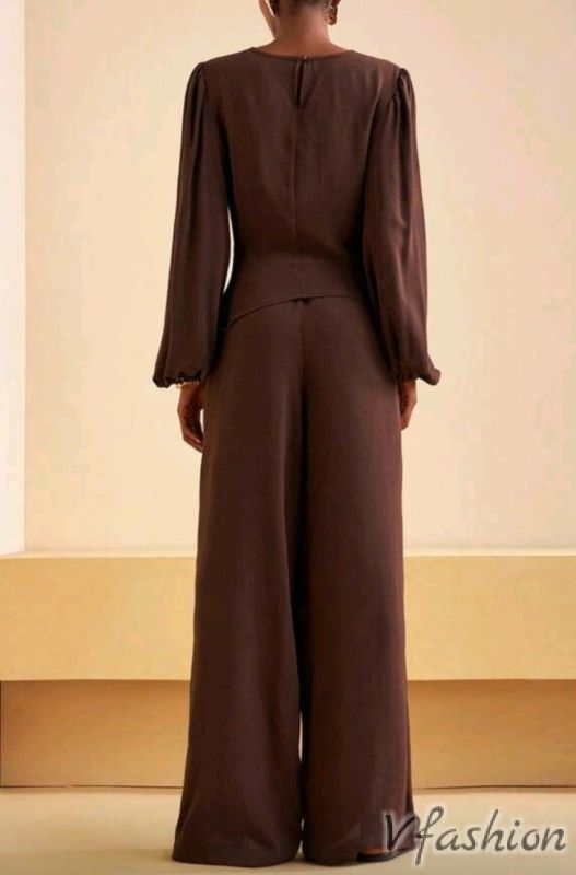 Комплект блуза и панталон - кафяв