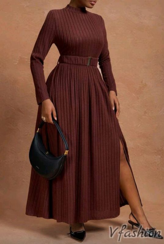 Дълга рокля с колан - кафява