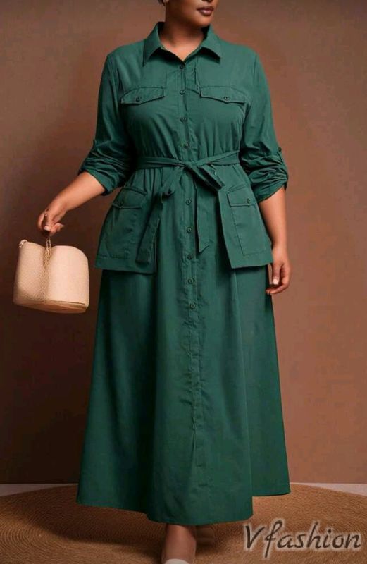 Рокля-риза с джобове - зелена