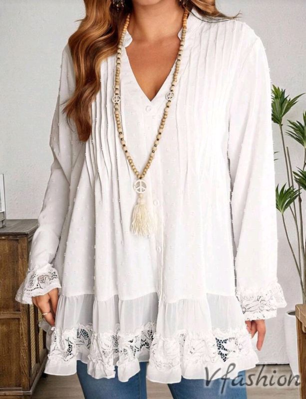 Разкроена риза с дантела - бяла