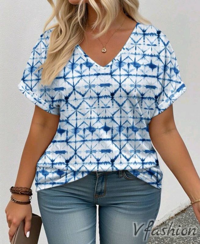 Блуза с принт - синьо и бяло