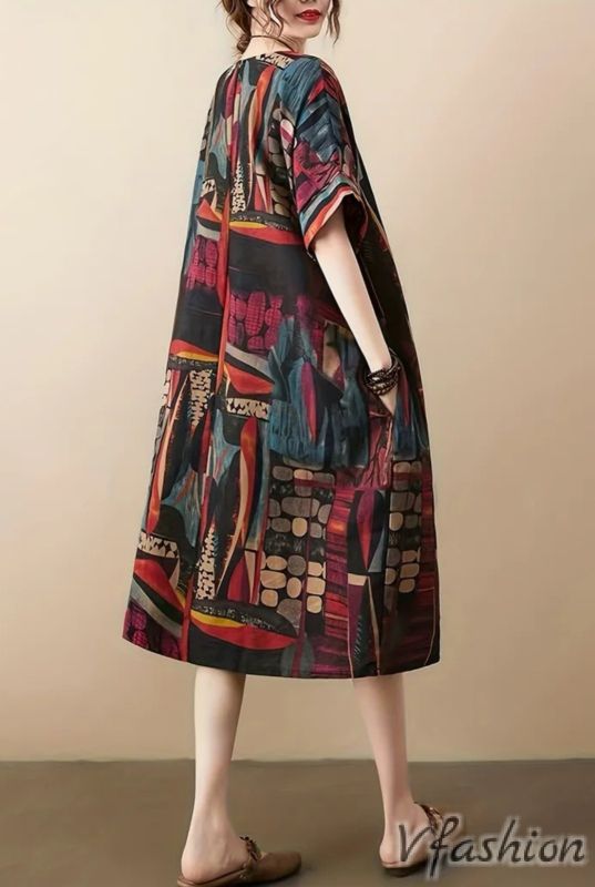 Рокля с джобове с бохо принт