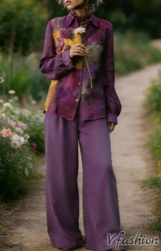 Комплект панталон и риза с принт - лилав