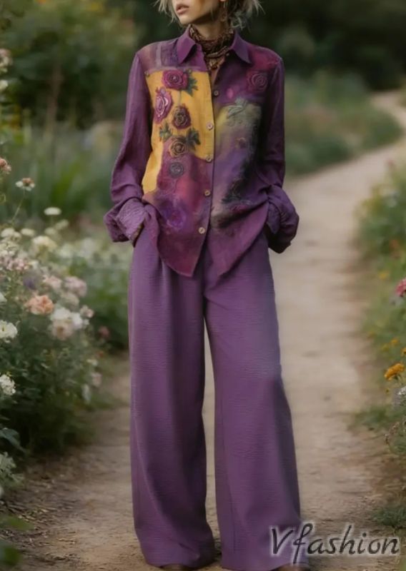 Комплект панталон и риза с принт - лилав