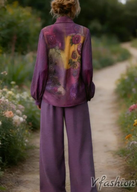 Комплект панталон и риза с принт - лилав