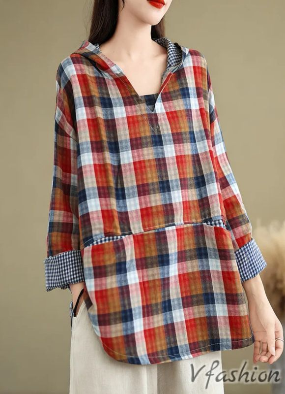 Карирана блуза с джобове и качулка