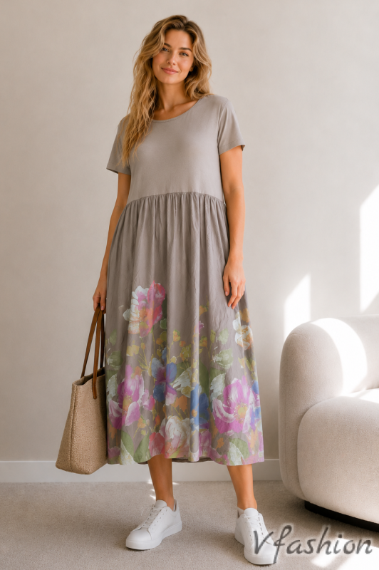 Рокля с принт цветя - бежова